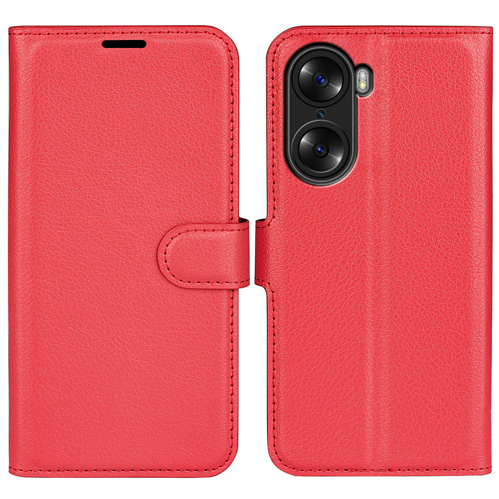 PU Leather Case for Honor 60, Litchi Texture Folding Stand Wallet Flip Cover with Magnetic Clasp