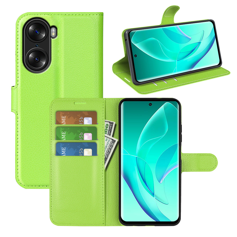 PU Leather Case for Honor 60, Litchi Texture Folding Stand Wallet Flip Cover with Magnetic Clasp