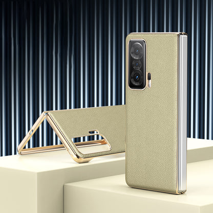 For Honor Magic V Electroplating Frame PU Leather Coated PC Cover Folding Phone Case