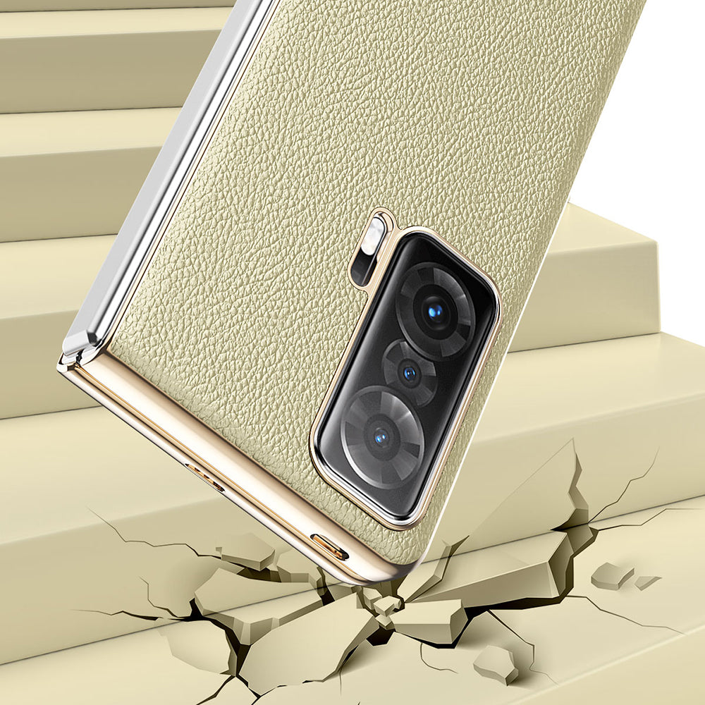 For Honor Magic V Electroplating Frame PU Leather Coated PC Cover Folding Phone Case