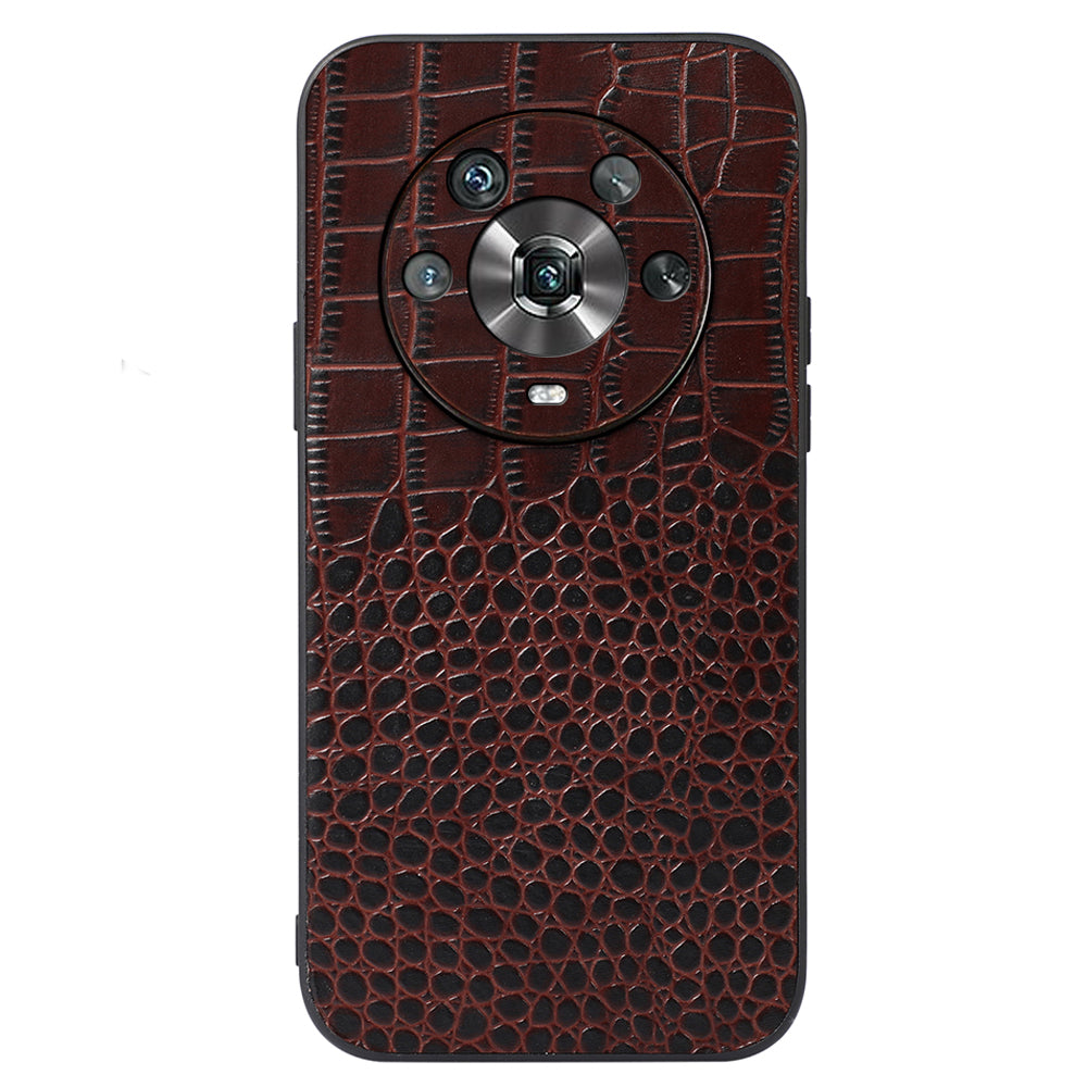 For Honor Magic4 Genuine Cowhide Leather Crocodile Texture Shockproof Coating Phone Case Hard PC + Soft TPU Scratch-Resistant Back Cover
