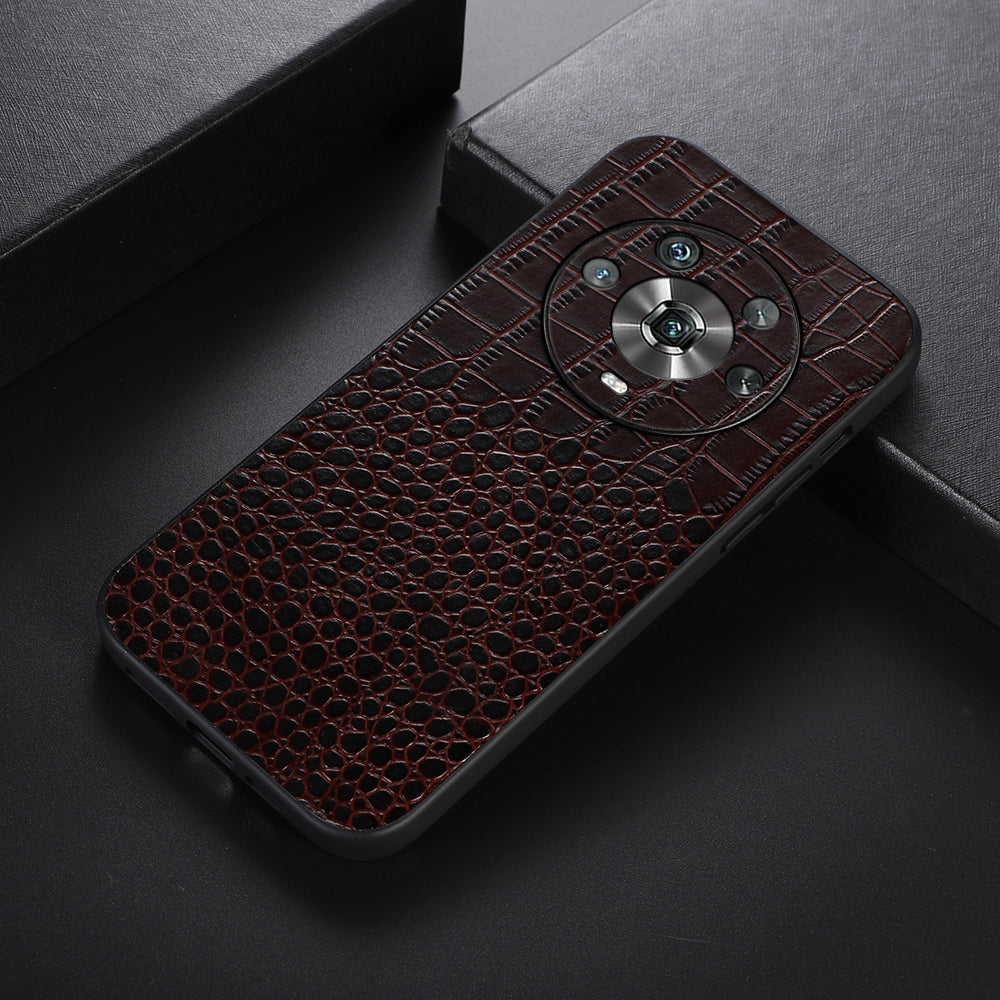 For Honor Magic4 Genuine Cowhide Leather Crocodile Texture Shockproof Coating Phone Case Hard PC + Soft TPU Scratch-Resistant Back Cover