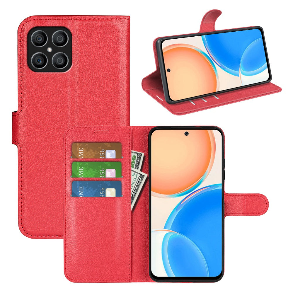 For Honor X8 Litchi Texture PU Leather Wallet Mobile Phone Case Stand Function Drop-proof Phone Cover