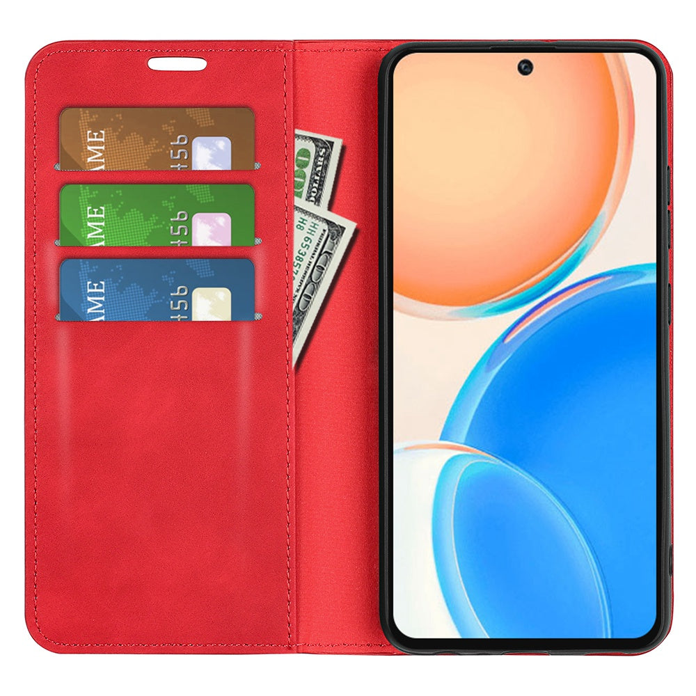 For Honor X8 Skin-touch Folio Flip Leather Cover Auto-absorbed Magnetic Phone Wallet Stand Case