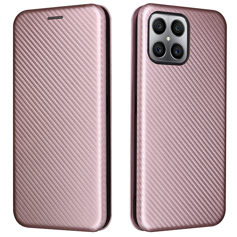 For Honor X8 Anti-fall PU Leather Carbon Fiber Texture Case Magnetic Auto-absorbed Adjustable Stand Cell Phone Shell