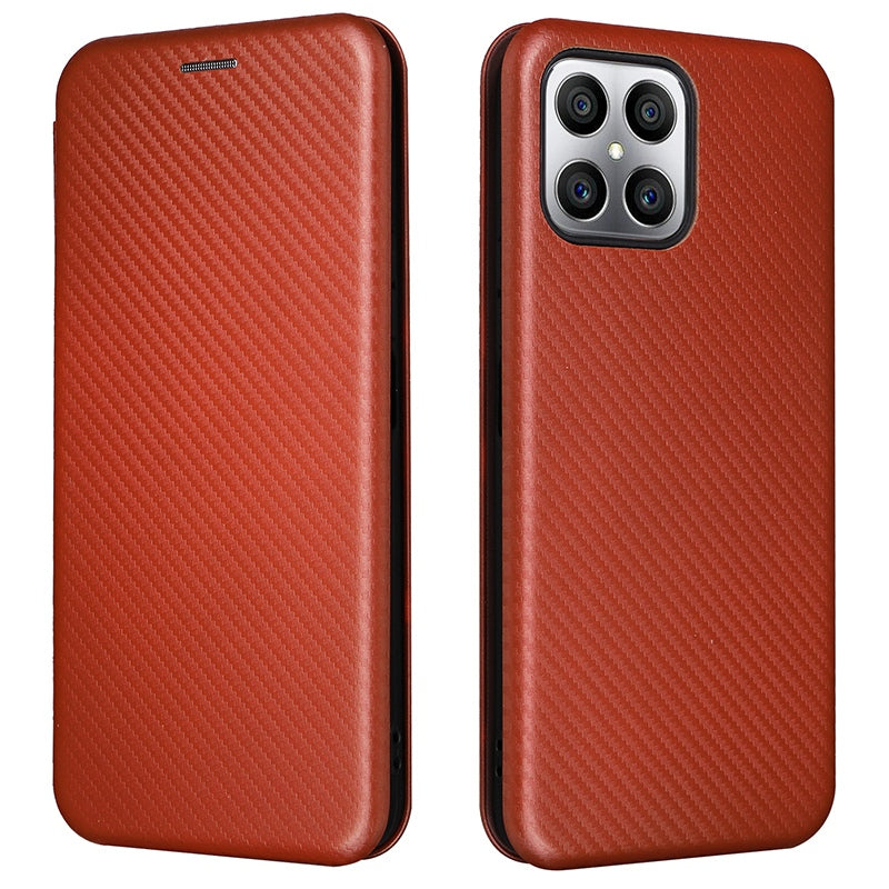 For Honor X8 Anti-fall PU Leather Carbon Fiber Texture Case Magnetic Auto-absorbed Adjustable Stand Cell Phone Shell