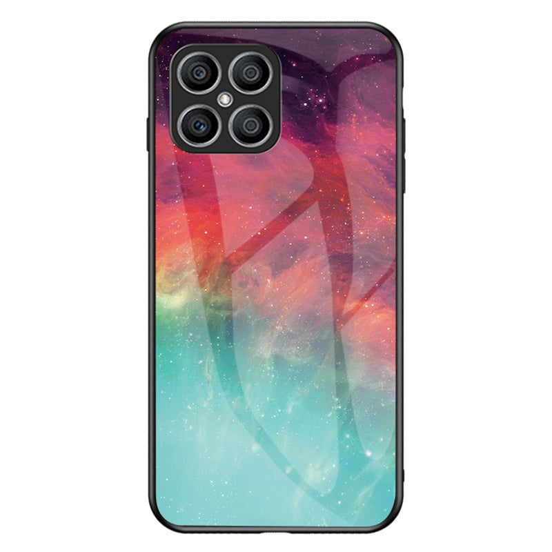 For Honor X8 Cellphone Shell Starry Sky Pattern Tempered Glass Back+Hard PC+TPU Protective Cover