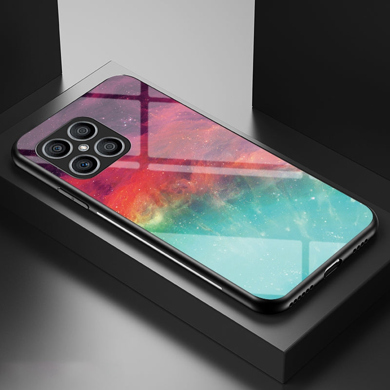 For Honor X8 Cellphone Shell Starry Sky Pattern Tempered Glass Back+Hard PC+TPU Protective Cover