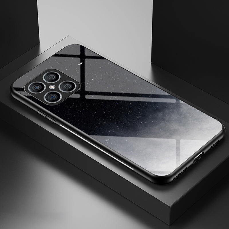 For Honor X8 Cellphone Shell Starry Sky Pattern Tempered Glass Back+Hard PC+TPU Protective Cover