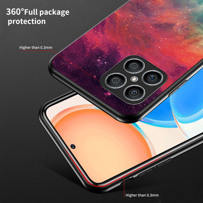 For Honor X8 Cellphone Shell Starry Sky Pattern Tempered Glass Back+Hard PC+TPU Protective Cover