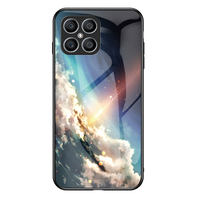 For Honor X8 Cellphone Shell Starry Sky Pattern Tempered Glass Back+Hard PC+TPU Protective Cover