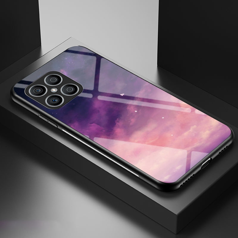 For Honor X8 Cellphone Shell Starry Sky Pattern Tempered Glass Back+Hard PC+TPU Protective Cover