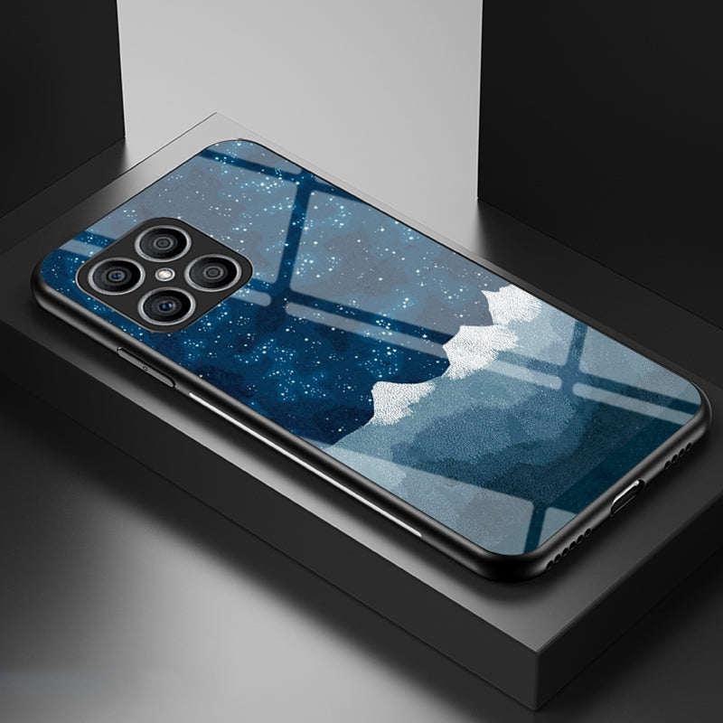 For Honor X8 Cellphone Shell Starry Sky Pattern Tempered Glass Back+Hard PC+TPU Protective Cover