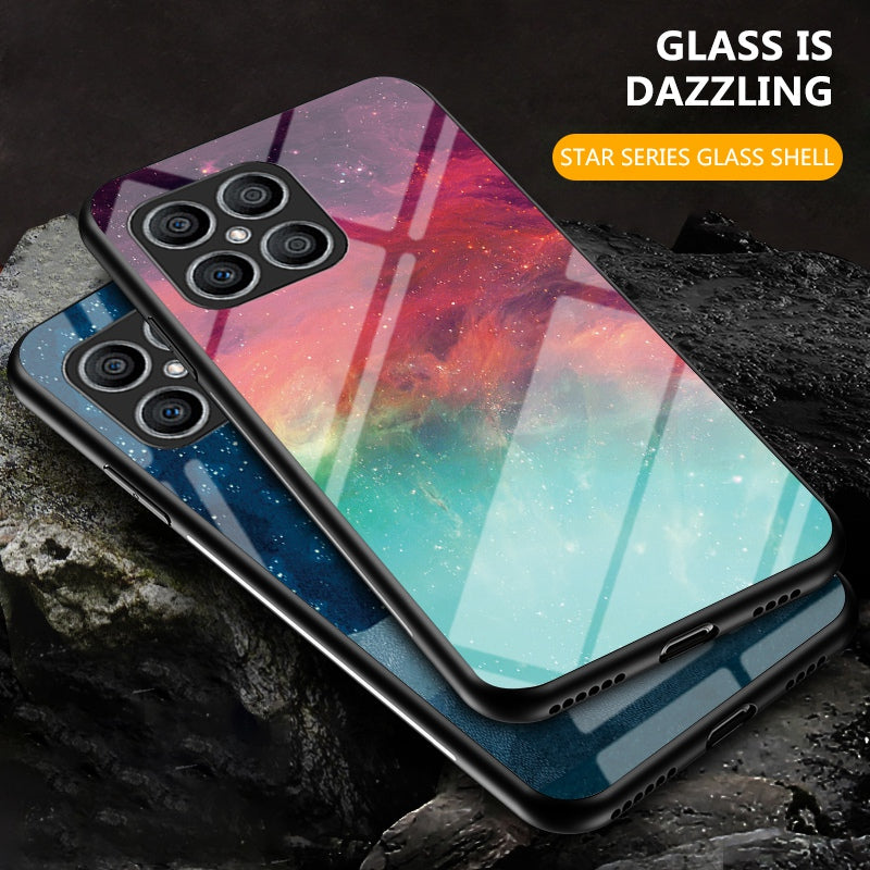 For Honor X8 Cellphone Shell Starry Sky Pattern Tempered Glass Back+Hard PC+TPU Protective Cover