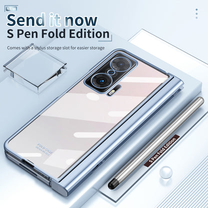 For Honor Magic V Tempered Glass Film Phone Cover Pen Slot Hinge Electroplating Folding PC Case with Stylus Pen