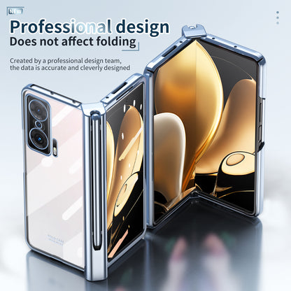 For Honor Magic V Tempered Glass Film Phone Cover Pen Slot Hinge Electroplating Folding PC Case with Stylus Pen