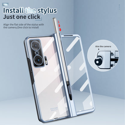 For Honor Magic V Tempered Glass Film Phone Cover Pen Slot Hinge Electroplating Folding PC Case with Stylus Pen