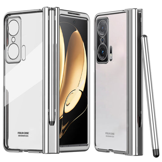 For Honor Magic V Tempered Glass Film Phone Cover Pen Slot Hinge Electroplating Folding PC Case with Stylus Pen