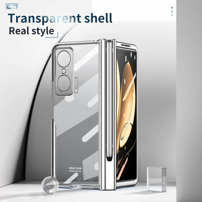 For Honor Magic V Tempered Glass Film Phone Cover Pen Slot Hinge Electroplating Folding PC Case with Stylus Pen