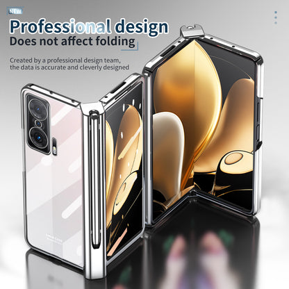 For Honor Magic V Tempered Glass Film Phone Cover Pen Slot Hinge Electroplating Folding PC Case with Stylus Pen