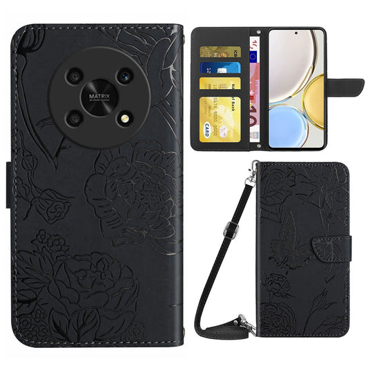 For Honor Magic4 Lite 5G Stand Wallet Case Imprinting Butterfly Flowers Skin-touch PU Leather Phone Cover with Shoulder Strap