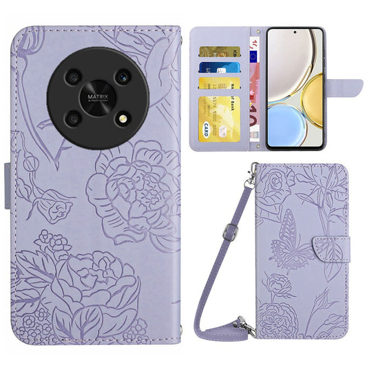 For Honor Magic4 Lite 5G Stand Wallet Case Imprinting Butterfly Flowers Skin-touch PU Leather Phone Cover with Shoulder Strap