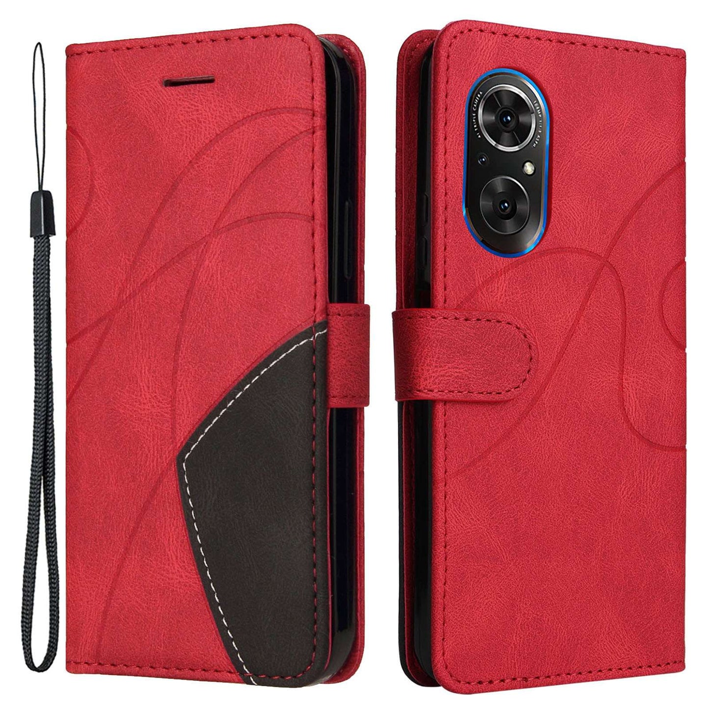 For Huawei nova 9 SE Anti-fall Anti-scratch Dual-color Splicing PU Leather Wallet Function Phone Case Stand Shell with Strap