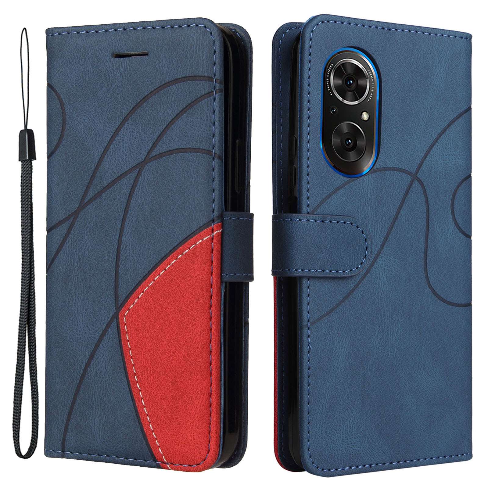 For Huawei nova 9 SE Anti-fall Anti-scratch Dual-color Splicing PU Leather Wallet Function Phone Case Stand Shell with Strap