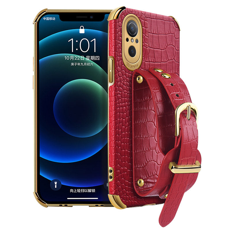 For Huawei nova 9 SE Anti-scratch Phone Cover 6D Electroplating Crocodile Texture Anti-drop Phone Case Precise Cutout PU Leather Coated TPU Shell with Hand Strap Kickstand