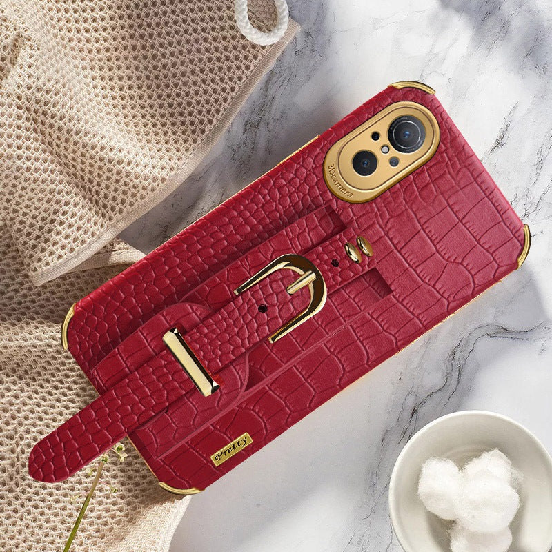 For Huawei nova 9 SE Anti-scratch Phone Cover 6D Electroplating Crocodile Texture Anti-drop Phone Case Precise Cutout PU Leather Coated TPU Shell with Hand Strap Kickstand