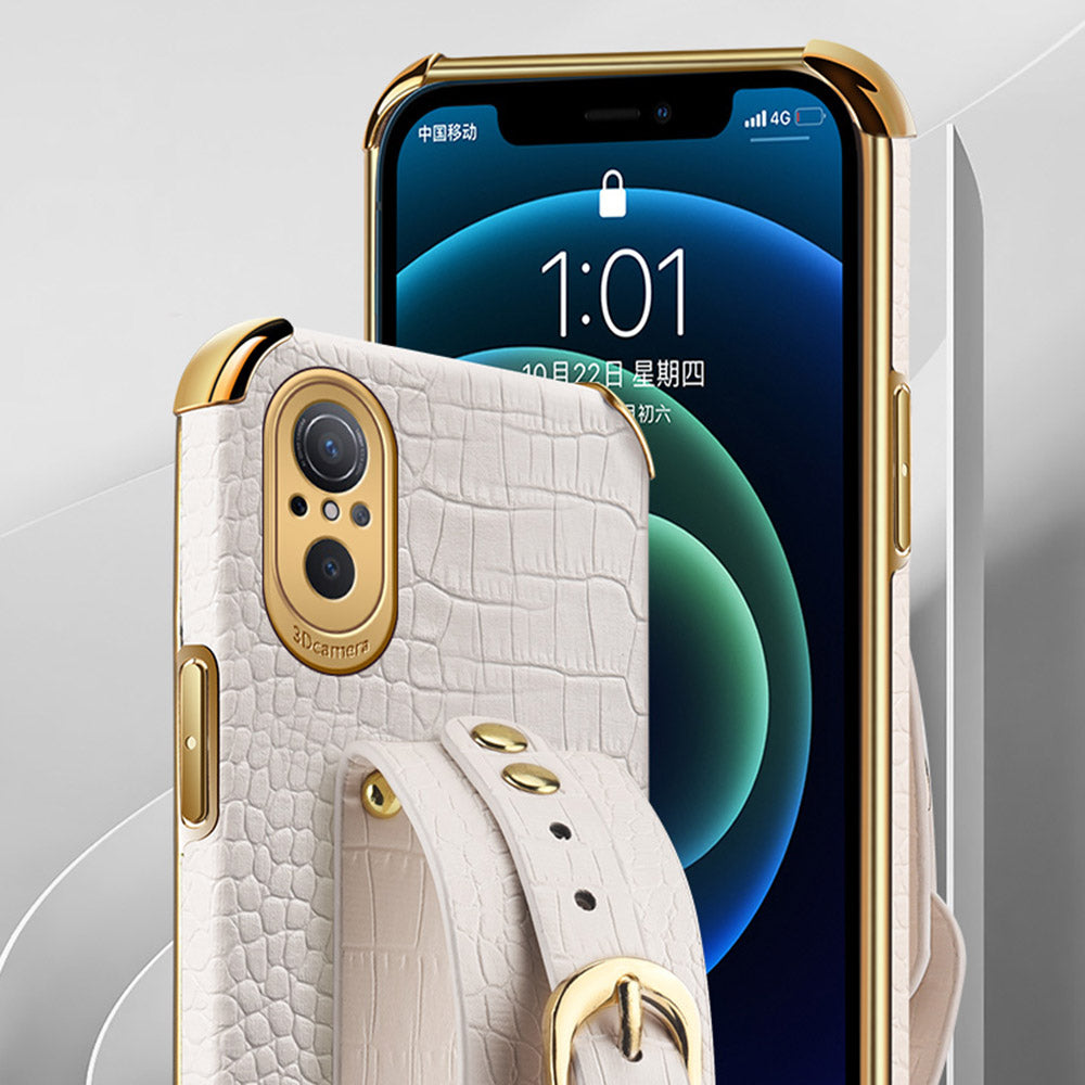 For Huawei nova 9 SE Anti-scratch Phone Cover 6D Electroplating Crocodile Texture Anti-drop Phone Case Precise Cutout PU Leather Coated TPU Shell with Hand Strap Kickstand