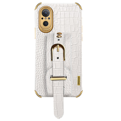 For Huawei nova 9 SE Anti-scratch Phone Cover 6D Electroplating Crocodile Texture Anti-drop Phone Case Precise Cutout PU Leather Coated TPU Shell with Hand Strap Kickstand