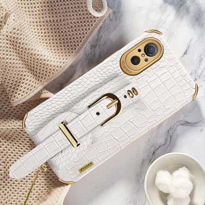 For Huawei nova 9 SE Anti-scratch Phone Cover 6D Electroplating Crocodile Texture Anti-drop Phone Case Precise Cutout PU Leather Coated TPU Shell with Hand Strap Kickstand
