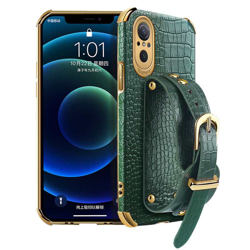 For Huawei nova 9 SE Anti-scratch Phone Cover 6D Electroplating Crocodile Texture Anti-drop Phone Case Precise Cutout PU Leather Coated TPU Shell with Hand Strap Kickstand