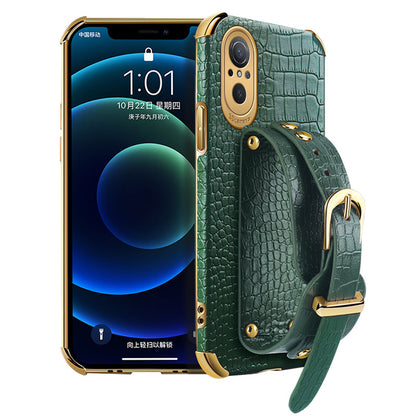 For Huawei nova 9 SE Anti-scratch Phone Cover 6D Electroplating Crocodile Texture Anti-drop Phone Case Precise Cutout PU Leather Coated TPU Shell with Hand Strap Kickstand