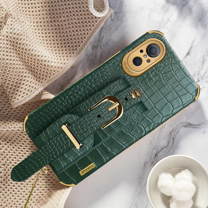 For Huawei nova 9 SE Anti-scratch Phone Cover 6D Electroplating Crocodile Texture Anti-drop Phone Case Precise Cutout PU Leather Coated TPU Shell with Hand Strap Kickstand