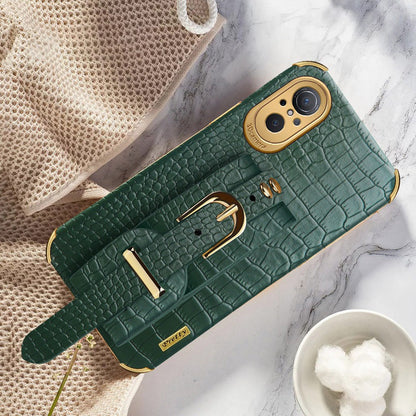 For Huawei nova 9 SE Anti-scratch Phone Cover 6D Electroplating Crocodile Texture Anti-drop Phone Case Precise Cutout PU Leather Coated TPU Shell with Hand Strap Kickstand