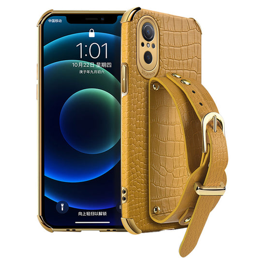 For Huawei nova 9 SE Anti-scratch Phone Cover 6D Electroplating Crocodile Texture Anti-drop Phone Case Precise Cutout PU Leather Coated TPU Shell with Hand Strap Kickstand
