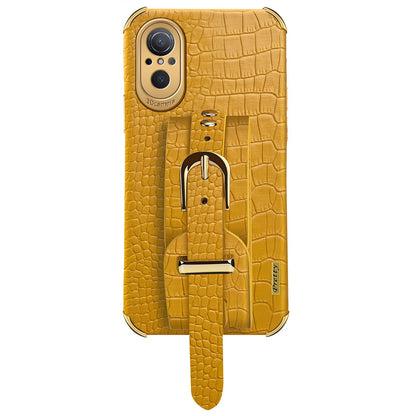 For Huawei nova 9 SE Anti-scratch Phone Cover 6D Electroplating Crocodile Texture Anti-drop Phone Case Precise Cutout PU Leather Coated TPU Shell with Hand Strap Kickstand