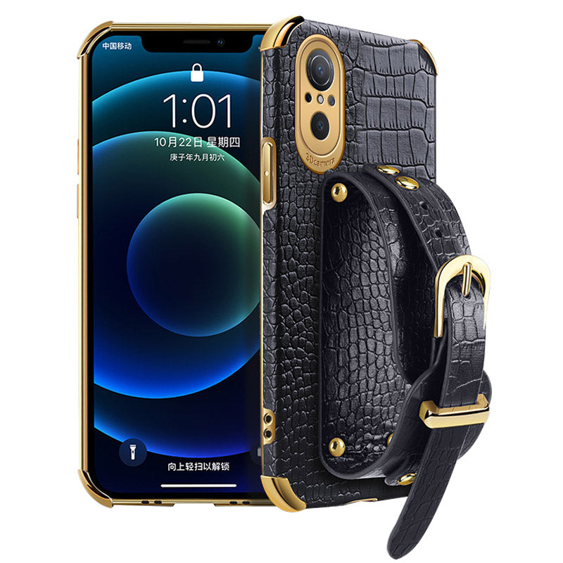 For Huawei nova 9 SE Anti-scratch Phone Cover 6D Electroplating Crocodile Texture Anti-drop Phone Case Precise Cutout PU Leather Coated TPU Shell with Hand Strap Kickstand