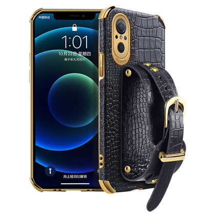 For Huawei nova 9 SE Anti-scratch Phone Cover 6D Electroplating Crocodile Texture Anti-drop Phone Case Precise Cutout PU Leather Coated TPU Shell with Hand Strap Kickstand