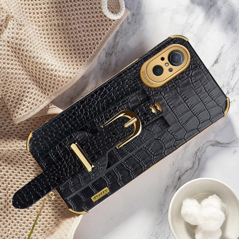For Huawei nova 9 SE Anti-scratch Phone Cover 6D Electroplating Crocodile Texture Anti-drop Phone Case Precise Cutout PU Leather Coated TPU Shell with Hand Strap Kickstand