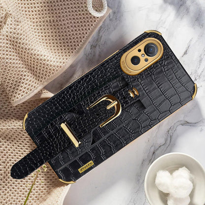 For Huawei nova 9 SE Anti-scratch Phone Cover 6D Electroplating Crocodile Texture Anti-drop Phone Case Precise Cutout PU Leather Coated TPU Shell with Hand Strap Kickstand