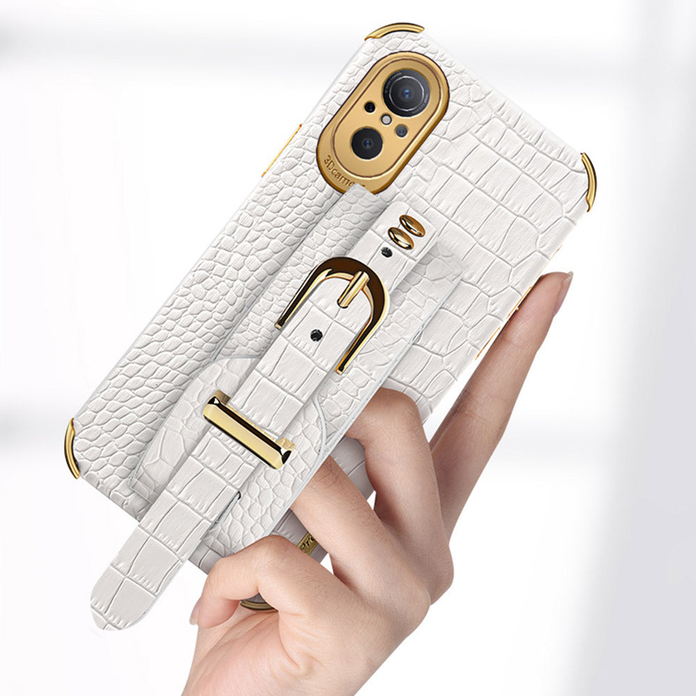For Huawei nova 9 SE Anti-scratch Phone Cover 6D Electroplating Crocodile Texture Anti-drop Phone Case Precise Cutout PU Leather Coated TPU Shell with Hand Strap Kickstand