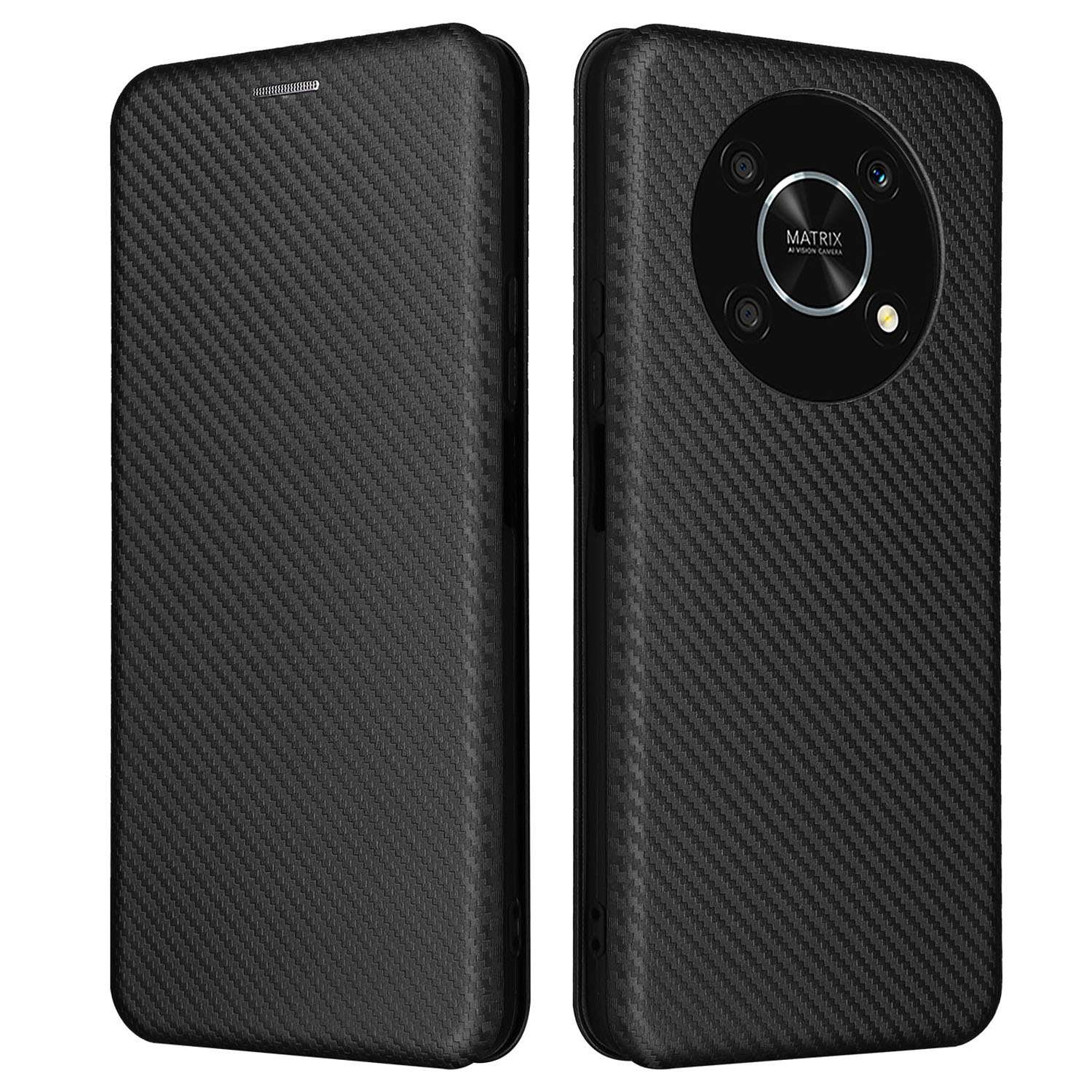 For Honor X9 5G/X30/Magic4 Lite 5G Carbon Fiber Texture PU Leather Soft TPU Folio Flip Cover Card Slot Stand Magnetic Auto-absorbed Case