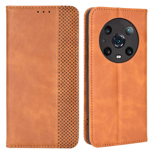 For Honor Magic4 Pro Vintage PU Leather Magnetic Auto-absorbed Flip Cover Wallet Stand Shockproof Full Body Protective Phone Case