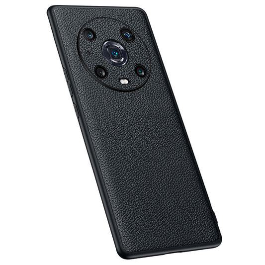 For Honor Magic4 Pro Litchi Texture Non-Slip Case Genuine Cowhide Leather Coated TPU Precise Cutouts Cover