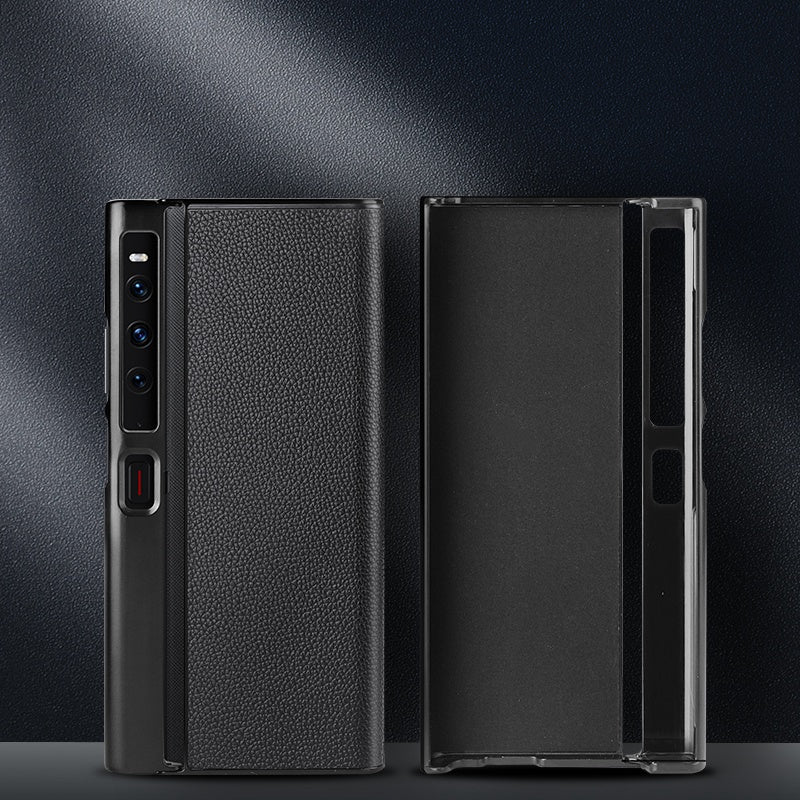 For Huawei Mate Xs 2 Litchi Texture Folding Screen Phone Case Genuine Cowhide Leather Coated TPU Anti-Fall Back Cover