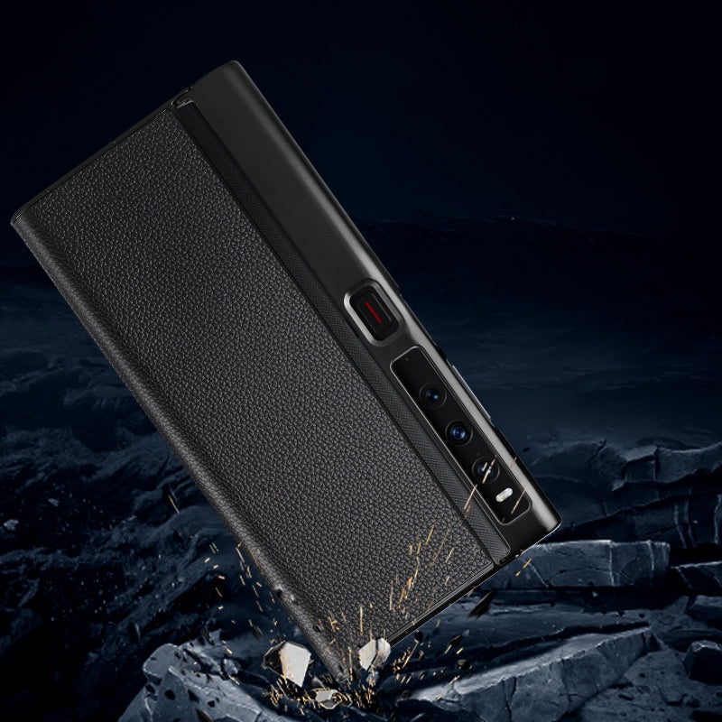 For Huawei Mate Xs 2 Litchi Texture Folding Screen Phone Case Genuine Cowhide Leather Coated TPU Anti-Fall Back Cover