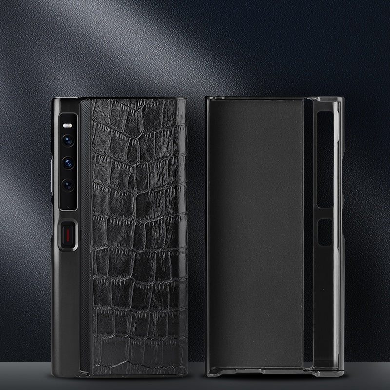 For Huawei Mate Xs 2 Crocodile Texture Phone Case Genuine Cowhide Leather Coated TPU Folding Screen Protective Back Shell